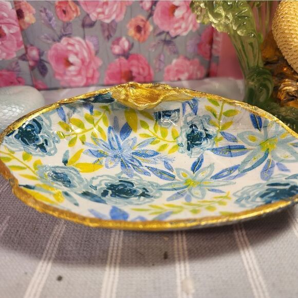 DECOUPAGE CLAM SHELL DECOUPAGE FLOWERS TRINKET DISH - Picture 7 of 10